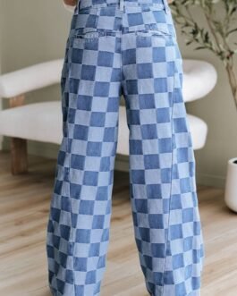 Dusk Blue Checkered Denim Wide Leg Jeans