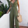 Blackish Green Deep V Pleated Crisscross Wide Leg Backless Jumpsuit
