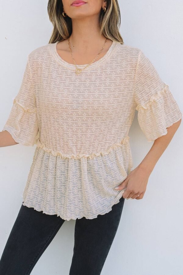 Beige Solid Color Textured Ruffled Short Sleeve Blouse - Image 6