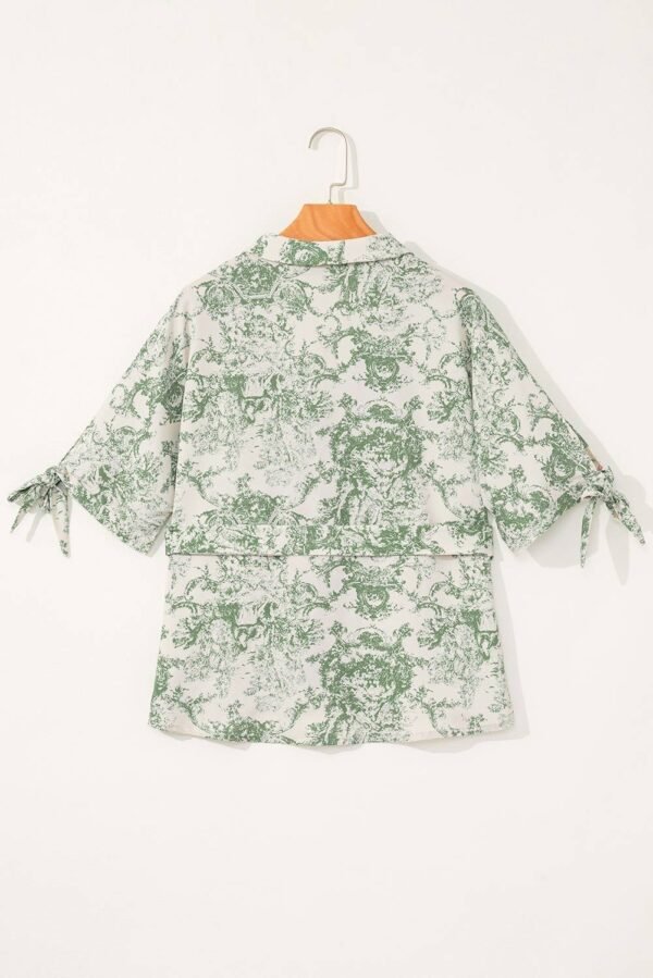 Green Landscape Print Tied 3/4 Sleeve Shirt with Sash - Image 5