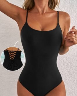 Black Thin Strap Strappy Lace-up Open Back One Piece Swimsuit