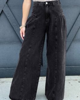 Dark Grey Pleated Wide Leg Mineral Wash Denim Pants