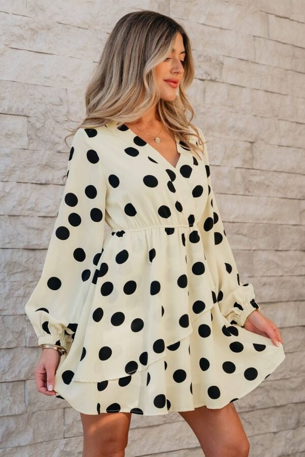 Beige Polka Dot Printed Surplice V Neck Puff Sleeve Mini Dress - Image 4