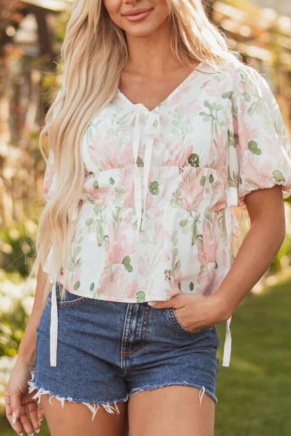 Pink Floral Puff Sleeve V Neck Tied Front Peplum Blouse - Image 8