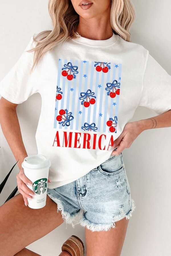 White Bow Cherry AMERICA Graphic Crewneck Patriotic T Shirt - Image 2