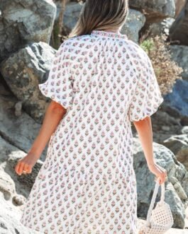 Pink Floral Print Bubble Sleeve Neck Tie Ruffled Dress