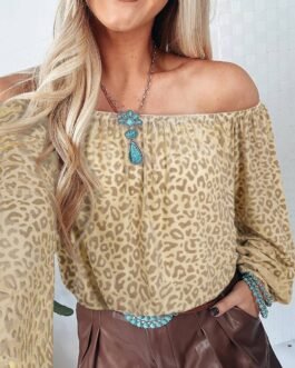 Beige Leopard Velvet Burnout Off Shoulder Long Sleeve Blouse