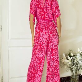 Rose Leopard Loose Sleeve Belted Wide Leg Jumpsuit