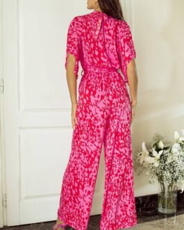Rose Leopard Loose Sleeve Belted Wide Leg Jumpsuit