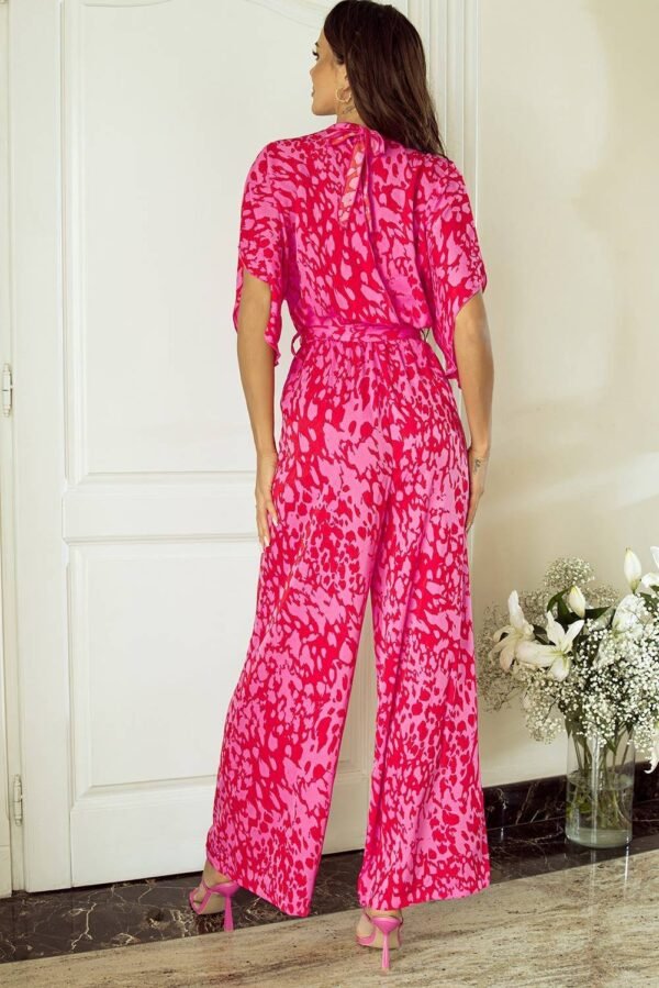 Rose Leopard Loose Sleeve Belted Wide Leg Jumpsuit - Image 2
