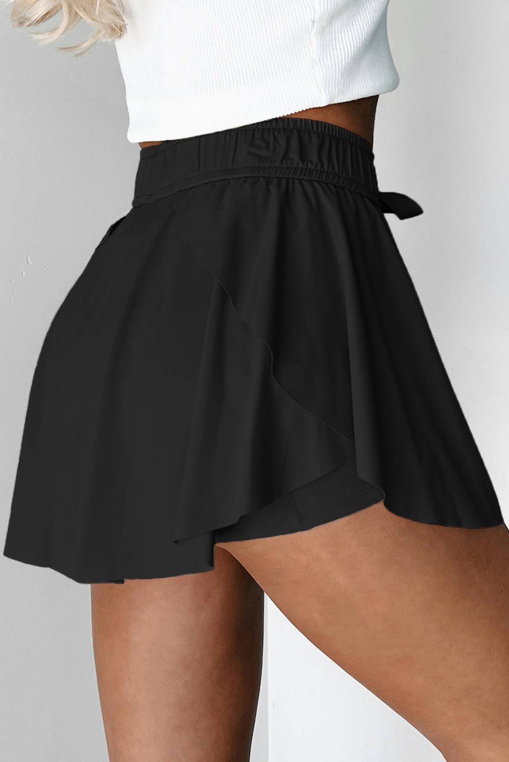 Beige Drawstring High Waist Lined Tennis Skorts - Image 5