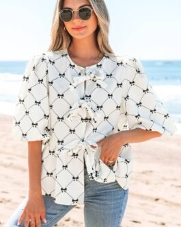 White Bowknot Print Front Knots Bubble Sleeve Blouse