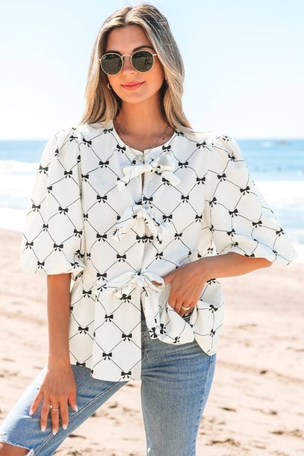 White Bowknot Print Front Knots Bubble Sleeve Blouse