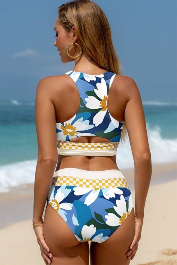 Green Floral Print Racerback Cutout High Waist 2pcs Bikini - Image 2