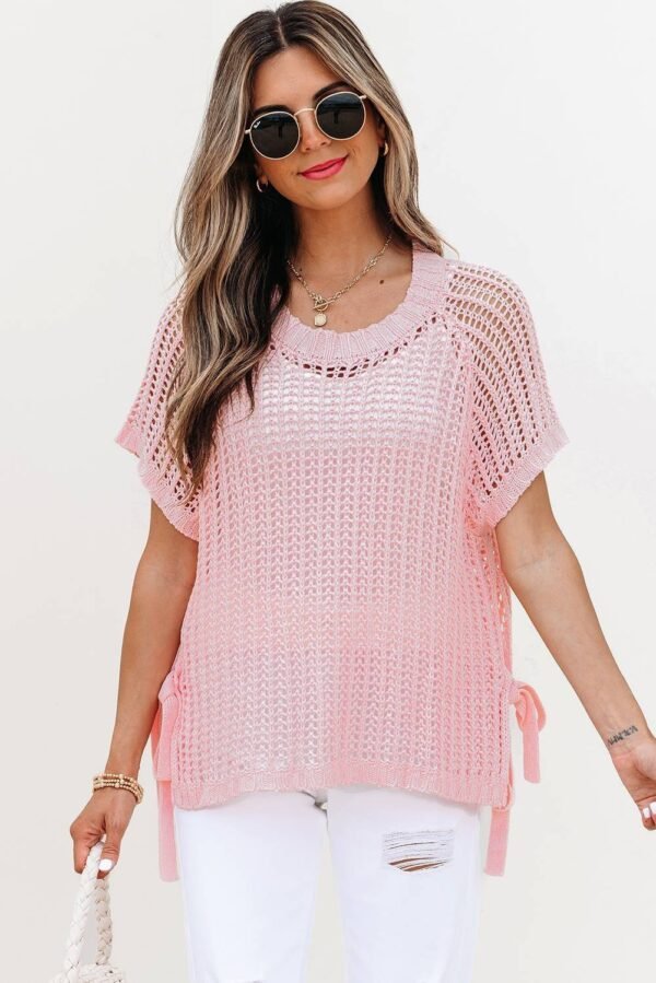 Pink Hollow-out Crochet Side Tied Short Sleeve Sweater - Image 4