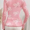 Black Round Neck Bow Print Long Sleeve Mesh Top