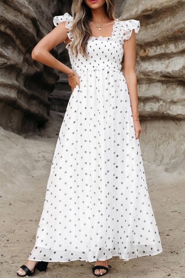 White Polka Dot Flutter Sleeve Square Neck Smocked Maxi Dress - Image 6