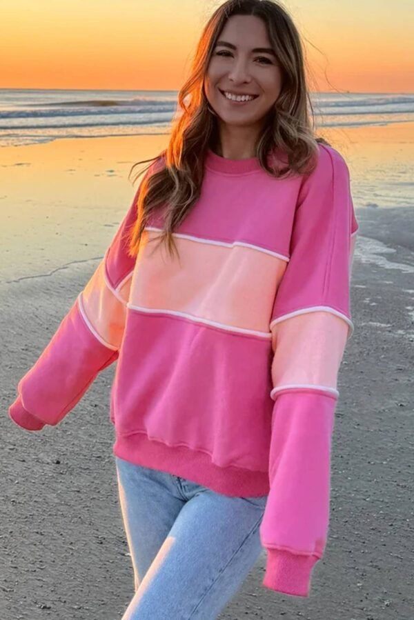 Sachet Pink Colorblock Patchwork Drop Shoulder Ribbed Trim Sweatshirt - Image 3