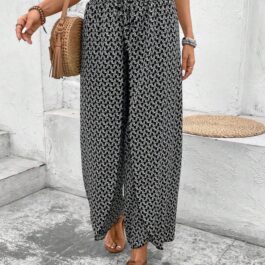 Black Bohemian Print Slit Wide Leg Smocked High Waist Pants