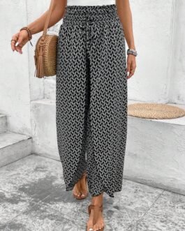 Black Bohemian Print Slit Wide Leg Smocked High Waist Pants