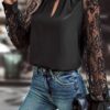 Black Keyhole Neckline Floral Lace Raglan Sleeve Blouse