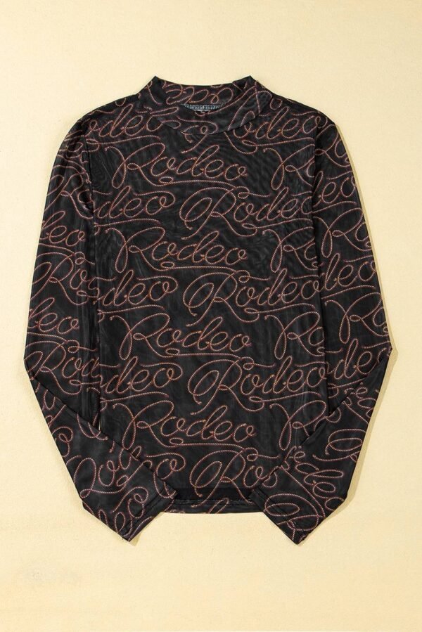 Black Western Rodeo Printed Mock Neck Long Sleeve Mesh Top - Image 3