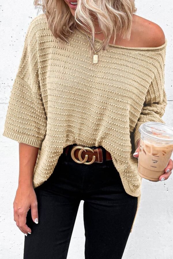 Apricot Textured Knit Drop Shoulder Short Sleeve Sweater - Image 6
