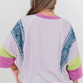 Purple Stripe Floral Color Block Raw Edge Patchwork Bracelet Sleeve Blouse