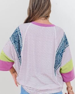 Purple Stripe Floral Color Block Raw Edge Patchwork Bracelet Sleeve Blouse