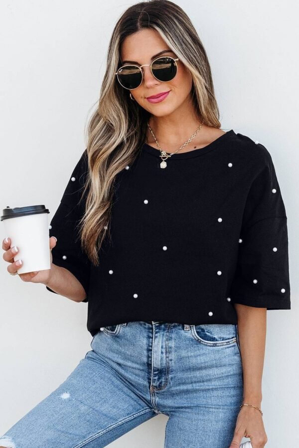 Black Pearl Beaded Drop Shoulder Crewneck T Shirt - Image 3