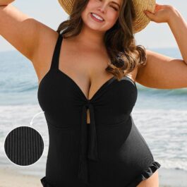 Black Plus Size Textured Knotted Ruffled Trim One Piece Swimwear