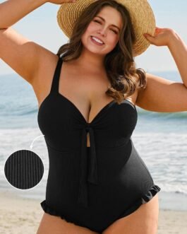 Black Plus Size Textured Knotted Ruffled Trim One Piece Swimwear