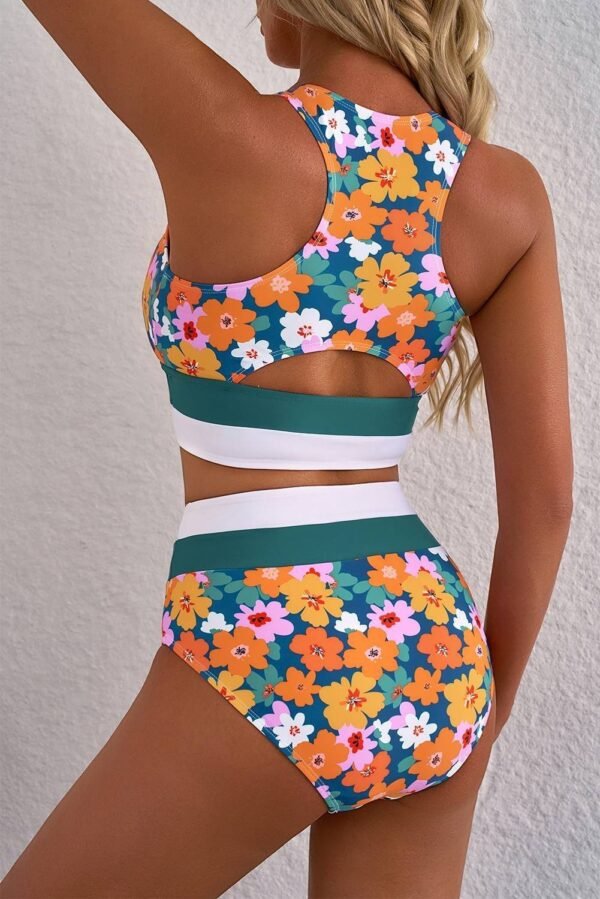 Green Floral Print Racerback Cutout High Waist 2pcs Bikini - Image 6