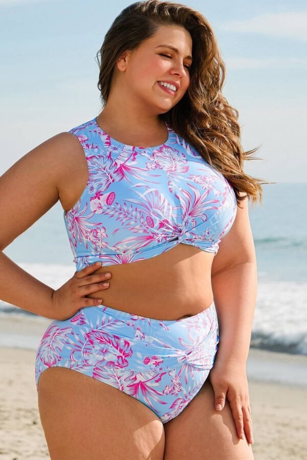 Sky Blue Plus Size Floral Print Twisted High Waist Bikini Set - Image 7