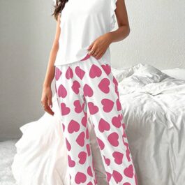 Pink Ruffled Tank Top And Heart Print Pants Lounge Set