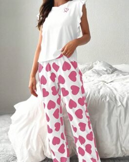 Pink Ruffled Tank Top And Heart Print Pants Lounge Set