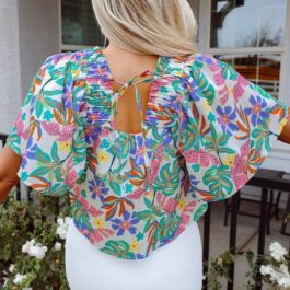 Green Plant Print Loose Fit Puff Sleeve Square Neck Blouse