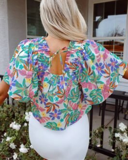 Green Plant Print Loose Fit Puff Sleeve Square Neck Blouse