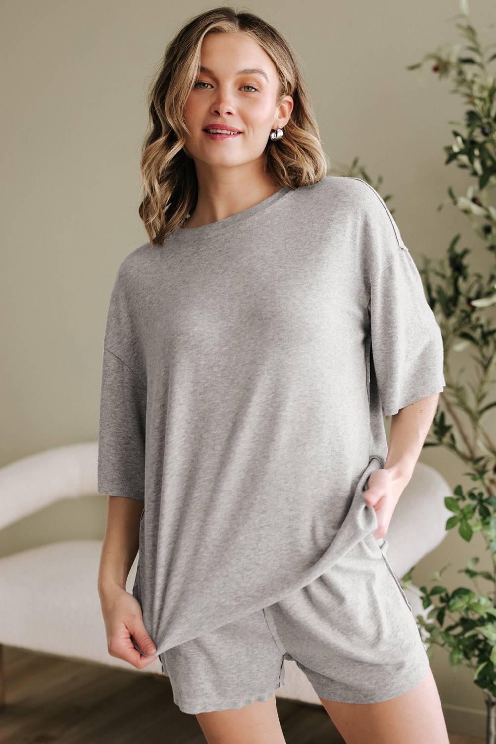 Gray Solid Color Loose Tee 2 Piece Shorts Set - Image 5