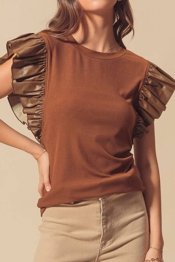 Black Leather Ruffle Sleeve Patchwork Round Neck Blouse - Image 4