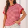 Pink Stripe Knitted Round Neck T Shirt