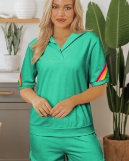 Sea Green Rainbow Colorblock Collared Short Sleeve Top 2 Piece Shorts Set