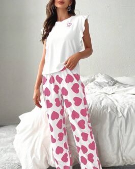 Pink Ruffled Tank Top And Heart Print Pants Lounge Set