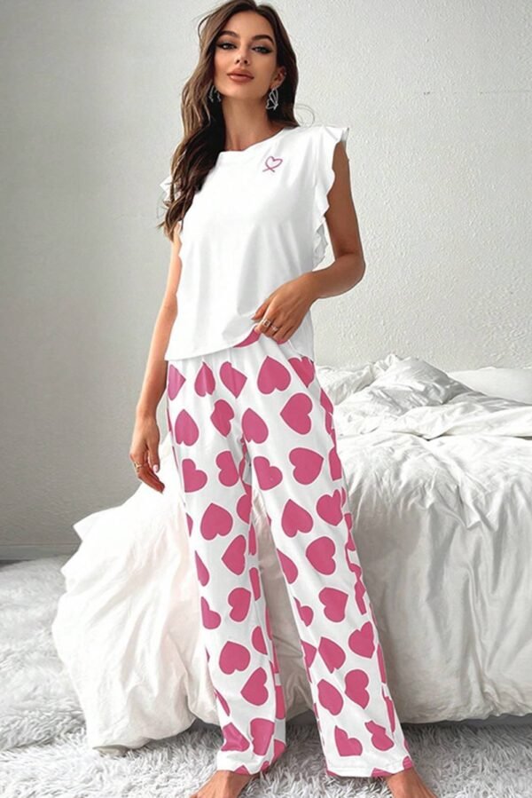 Pink Ruffled Tank Top And Heart Print Pants Lounge Set - Image 2