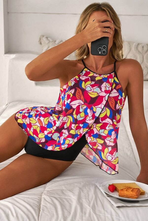 Purple Floral Print O Neck Open Back One Piece Swimsuit - Image 4
