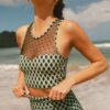 Green Dotted Mesh Plaid Patchwork High Waisted Bikini