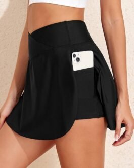 Black Solid Pocketed Crossover High Waist Swim Skort