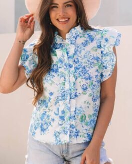 Sky Blue Floral Print Ruffle Sleeve Frilly Button Up Shirt