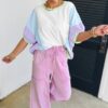 White Color Block Patchwork Half Sleeve Oversized T Shirt