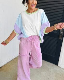 White Color Block Patchwork Half Sleeve Oversized T Shirt